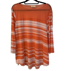 Coral Orange and White 2X Bobbie Brooks long sleeved mesh top with stripes